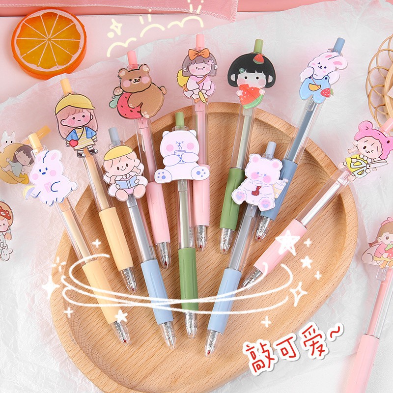 Bút bi bấm gel đen kèm pin cô gái cute A17 Taro Stationery