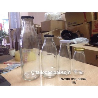 Set 5 chai thủy tinh đựng sữa dáng bầu nắp thiếc vặn