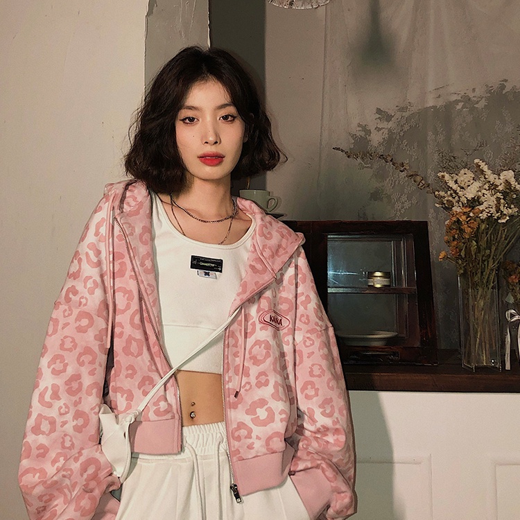 Áo hoodie dáng rộng in hình báo hồng thiết kế mới thời trang dành cho nữ