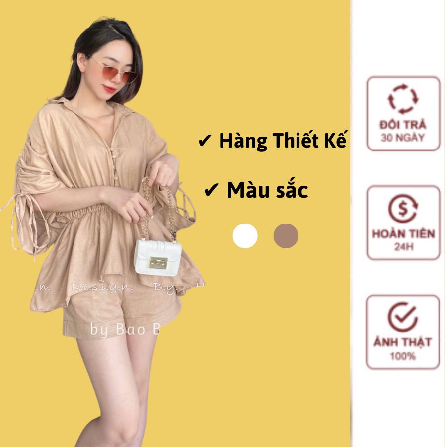 Set Áo Sơ Mi Rút Eo Thô Lụa Mềm Mại Phối Quần Short Trơn Màu Ống Đứng