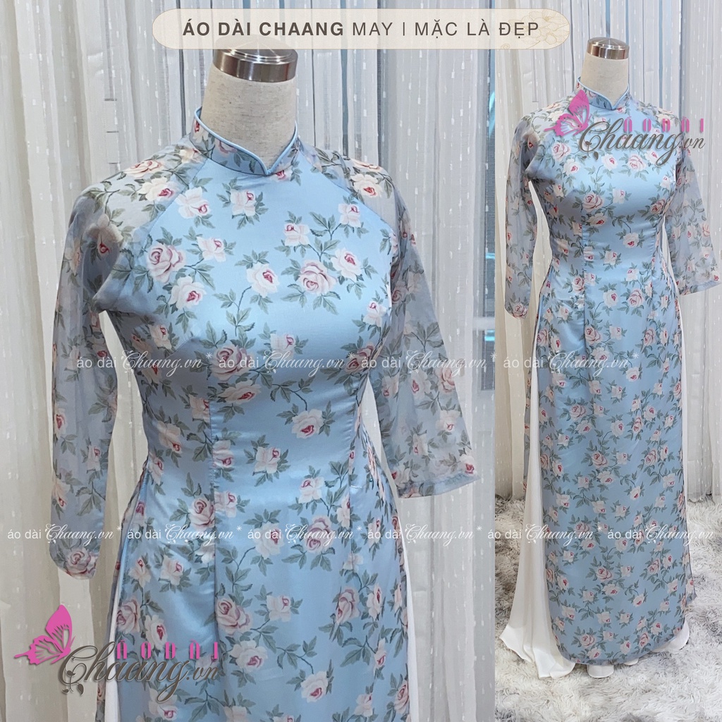 Áo Dài Hoa Nhí 4 Tà Truyền Thống May Sẵn Lụa Tơ Hoa Xanh/Rêu/Tím Hồng Đẹp