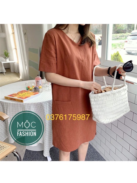 Váy linen dáng suông  cổ tim túi cơi xẻ đùi đủ size S đến XL 44 - 63kg