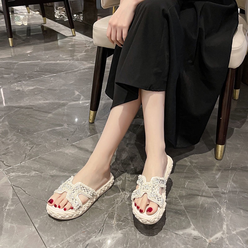 Dép bánh mì đế cao Dép đế xuồng Dép Sandal Đế Mềm Đính Ngọc Trai Thời Trang Mùa Hè 2022 Cho Nữ