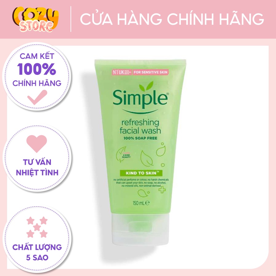Sữa Rửa Mặt Simple Gel Kind To Skin Refreshing Facial Wash Gel 150ml Cozy Store SP000643