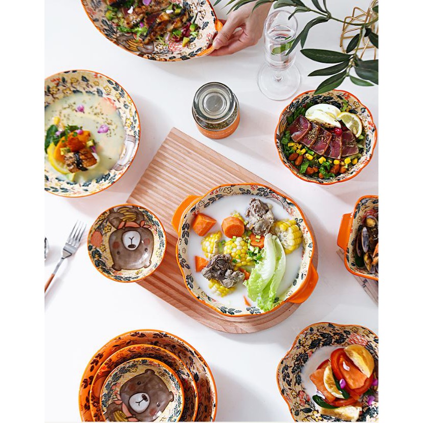 Bộ Chén Dĩa Khay Sứ, Bát Sứ Dễ Thương Gấu Cute Cho Bé