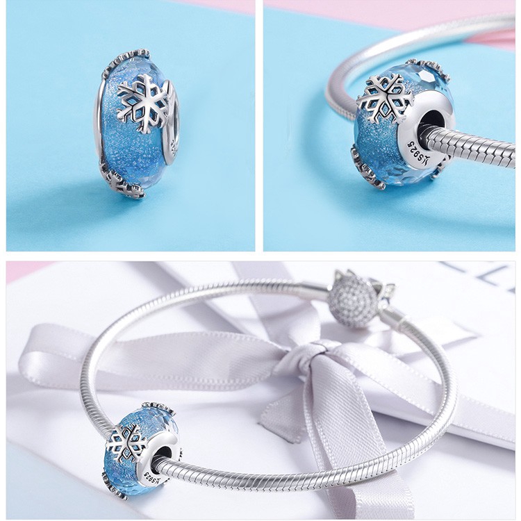 Hạt trang sức Bamoer bằng bạc 925 khắc hình bông tuyết dùng làm vòng tay/dây chuyền