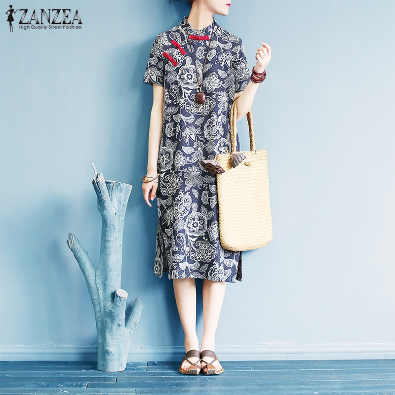 Đầm suông ngắn tay in họa tiết cách điệu thời trang dành cho nữ Zanzea