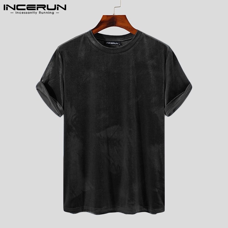 Áo nhung nam INCERUN rộng rãi màu trơn cổ tròn tay ngắn