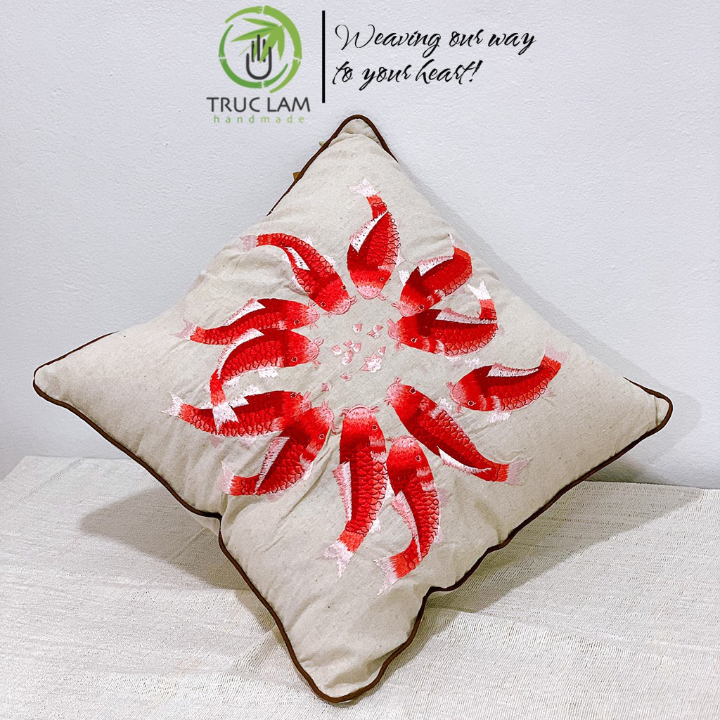 Gối/Vỏ Gối Vuông Tựa Lưng Sofa (45x45) Trang Trí Phòng  Vải Linen Thêu Thủ Công Hình Đàn Cá - Trúc Lâm Handmade