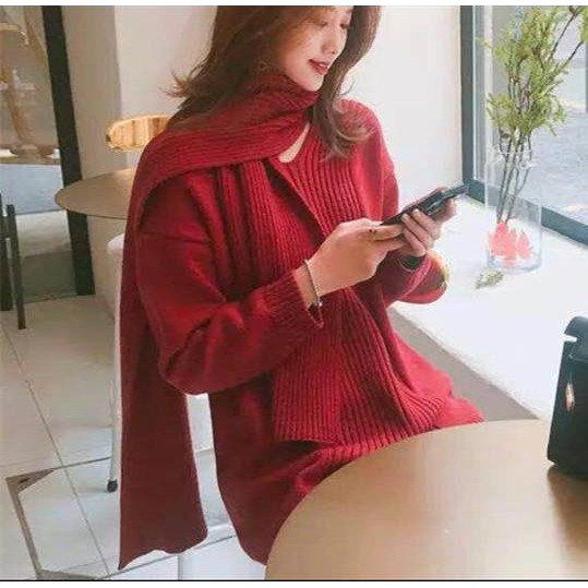 ÁO LEN ĐỎ DÁNG DÀI KÈM KHĂN - 435K !!!