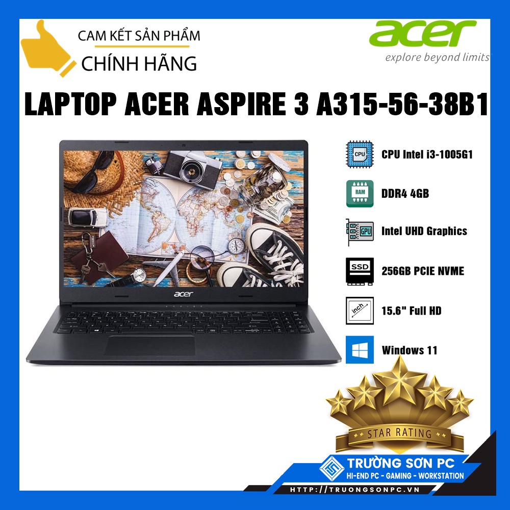 Laptop ACER Aspire 3 A315-56-38B1 (NX.HS5SV.00G) | i3-1005G1/ 4GB RAM/ 256GB SSD/ 15.6&quot; FHD/ Win 11/ Black