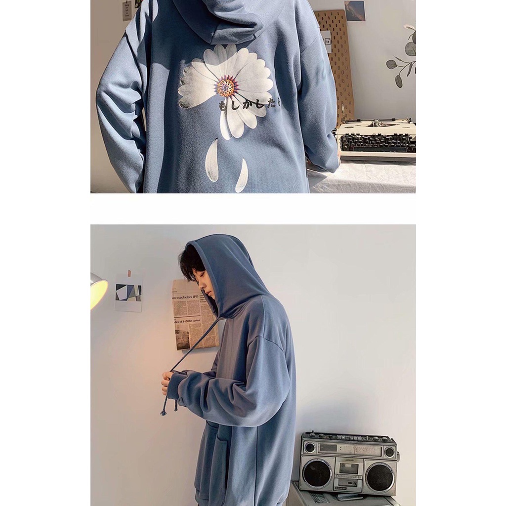 Áo hoodie dáng rộng dài tay in họa tiết hoa cúc thời trang Nhật Bản cỡ M-5XL cho nam