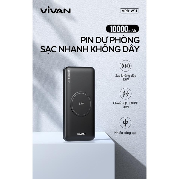 Pin sạc dự phòng nhanh không dây 10000mAh 20W VIVAN VPB-W11 3Output chuẩn QC3.0 PD hỗ trợ iPhone 13 -Bảo hành chính hãng