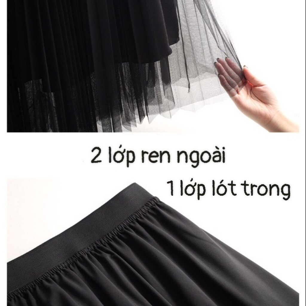 Chân váy ren xếp ly 3 lớp dài 78cm váy công chúa xòe bồng  kèm đai