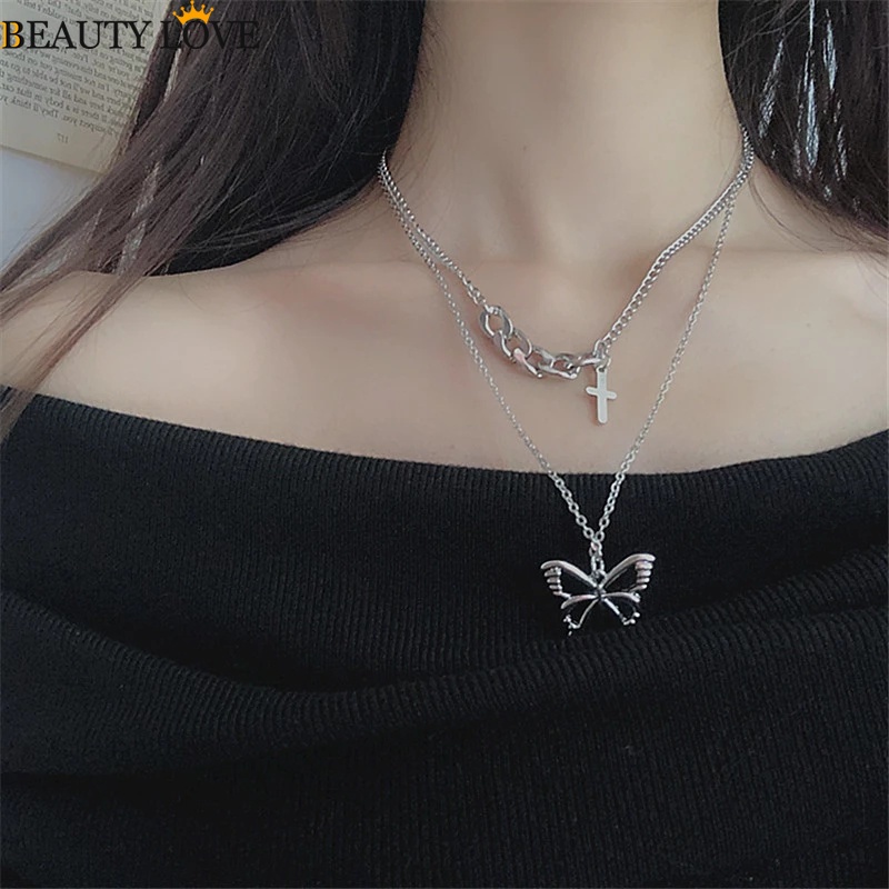 Vòng Cổ Nhiều Lớp Mặt Hình Bướm / Thánh Giá Bằng Kim Loại Phong Cách Hip Hop Punk Gothic Thời Trang Cho Nữ