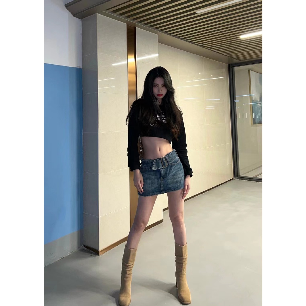 Chân váy jean Xiaozhainv kiểu chữ A lưng cao thời trang