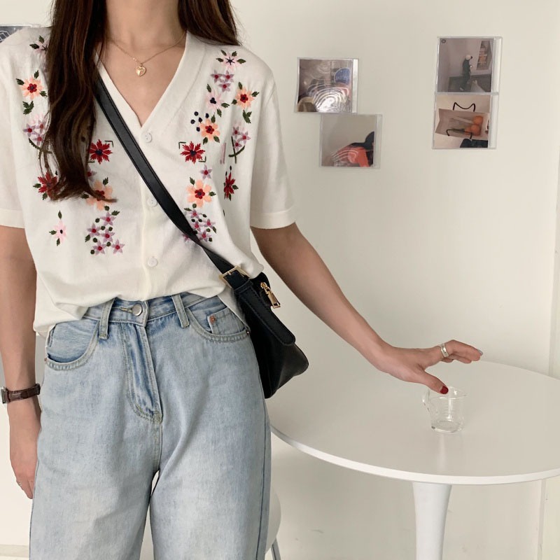 Áo cardigan ZHELIHANGFEI dệt kim tay ngắn dáng rộng thêu hoa dễ thương thời trang