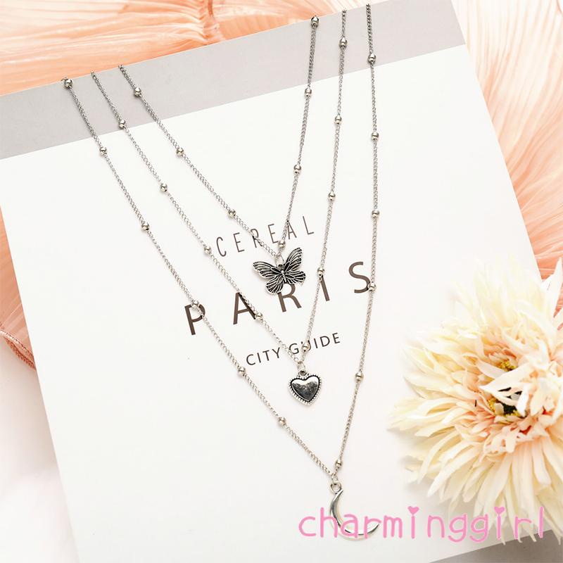 Bộ 3 Vòng cổ hợp kim mặt hình bướm mặt trăng trái tim sáng tạo cho nữ