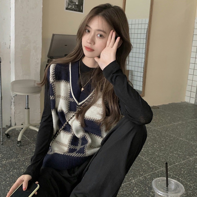 Áo len không tay cổ chữ V họa tiết sọc caro thời trang dành cho nữ