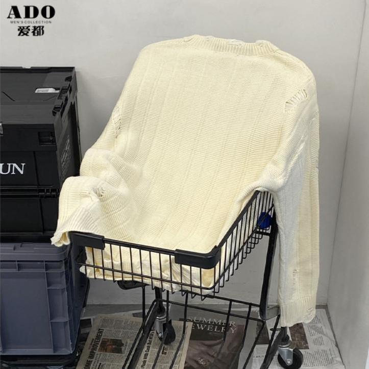 Ado Áo Sweater Dệt Kim Dáng Rộng Rách Chéo Kiểu Mỹ Đường Phố Thu Đông Cho Nam