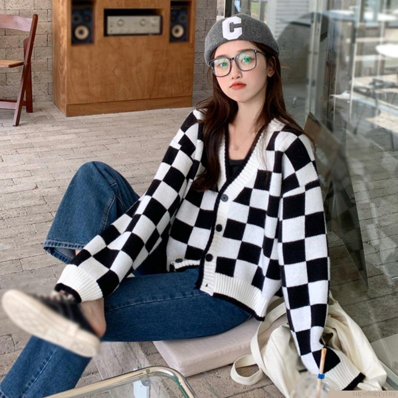 Áo khoác cardigan tay dài cổ chữ V thiết kế dáng rộng thoải mái