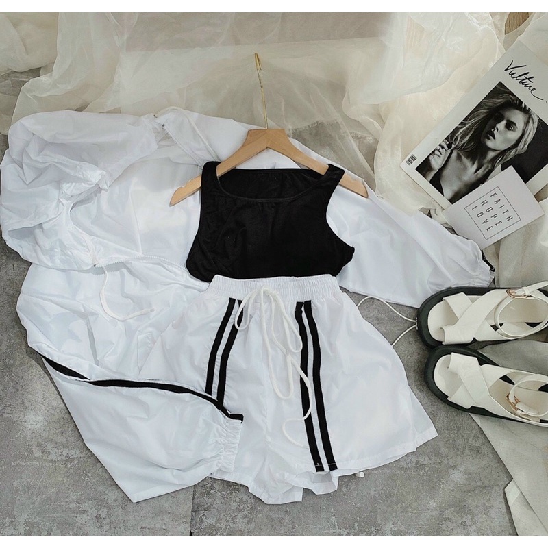 SET 3 MÓN THỂ THAO : KHOÁC VIỀN + ÁO PULL ĐEN 3 LỖ + SHORT VIỀN ✨