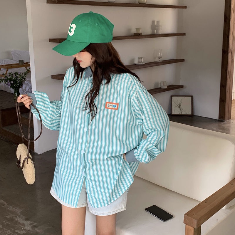 Áo Sơ Mi Tay Dài Dáng Rộng Kẻ Sọc Dọc Trẻ Trung Phong Cách Hàn Quốc Cho Bạn Gái