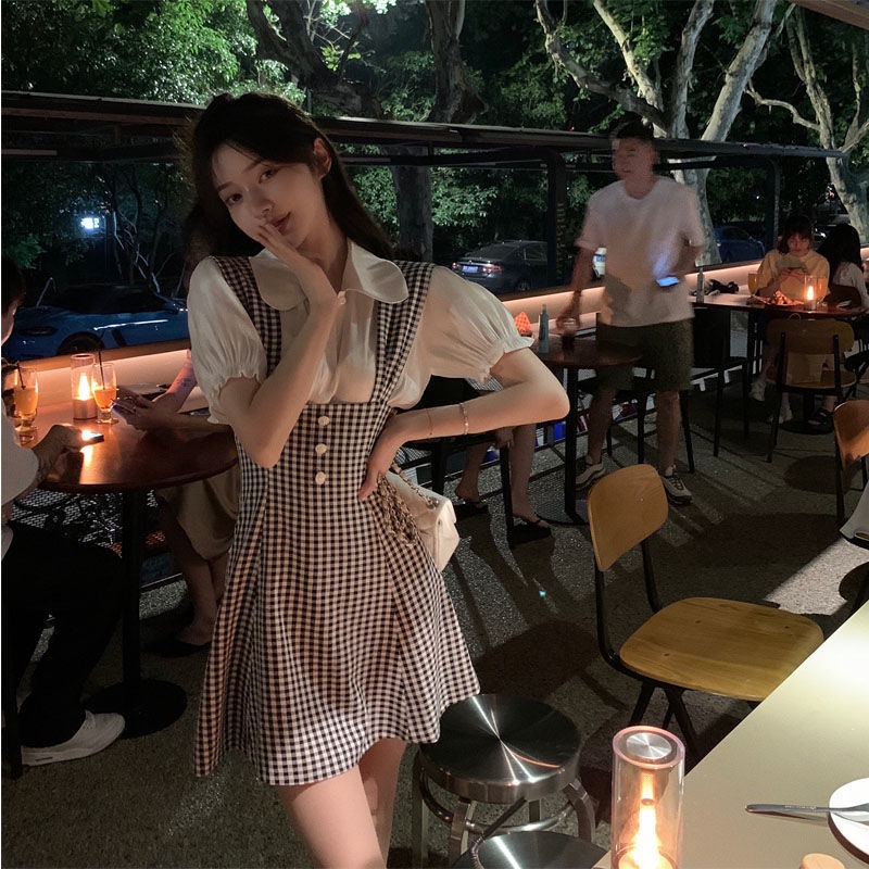 Set Đầm Ngắn Sọc Ca Rô + Áo Sơ Mi Trắng Phong Cách Pháp Thời Trang Mùa Hè Mới Cho Nữ