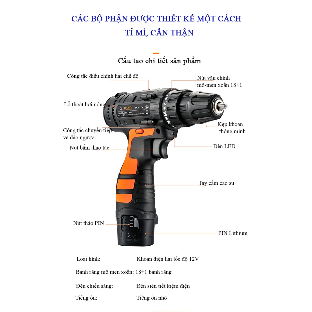 Máy khoan pin giá rẻ 12v Habo bắt vít cầm tay không dây