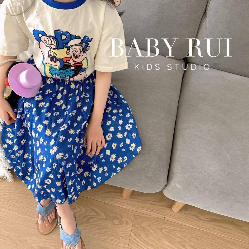 Set áo thun cotton in họa tiết hoạt hình + chân váy hoa lưng thun phong cách Hàn Quốc thời trang mùa hè cho bé
