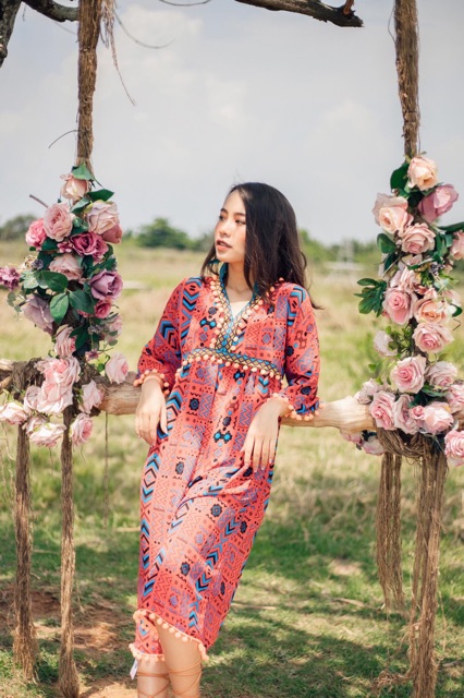 Đầm maxi thổ cẩm boho dáng dài- váy du mục XANH VIỀN BÔNG VINATGE bohemian DU LỊCH đủ 4 màu