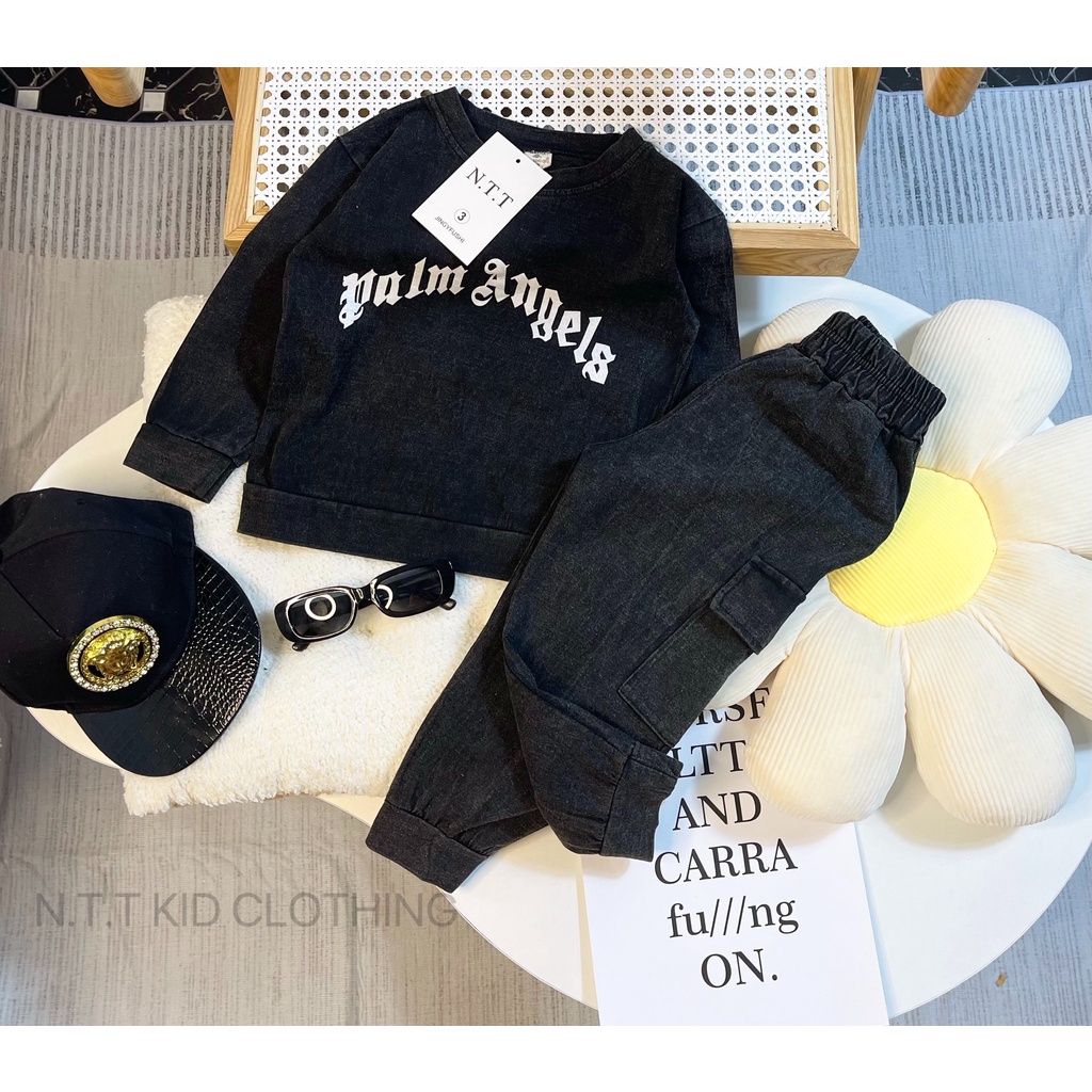 Quần áo thu đông bé trai, set bộ quần áo jean wash dày dặn, mềm mại túi hộp cho bé