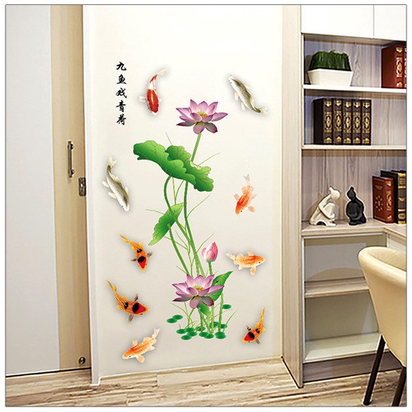 Decal dán tường trang trí - Sen hồng phối đàn cá bơi lội tao nhã