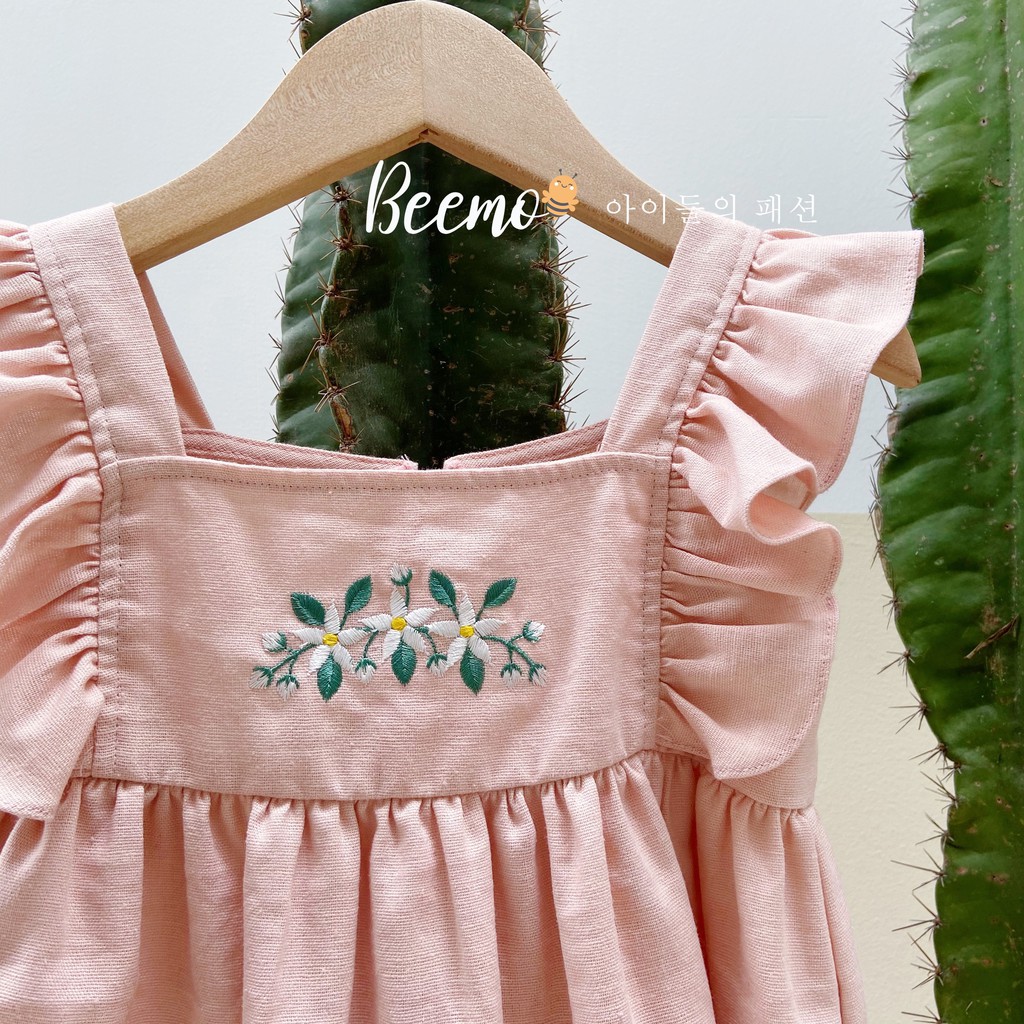 Váy đầm hè bé gái tay cánh tiên bèo thêu hoa vàng hồng Beemo linen cực đẹp từ 1-6T chính hãng - Misolkids by huong274