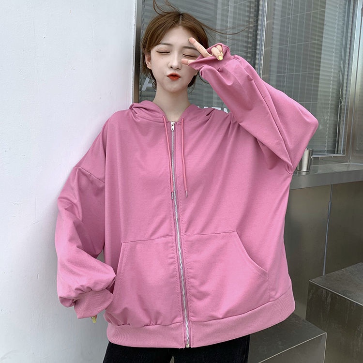 Áo khoác hoodie tay dài dáng rộng màu trơn có khóa kéo phong cách Hàn Quốc cỡ lớn 40-150kg
