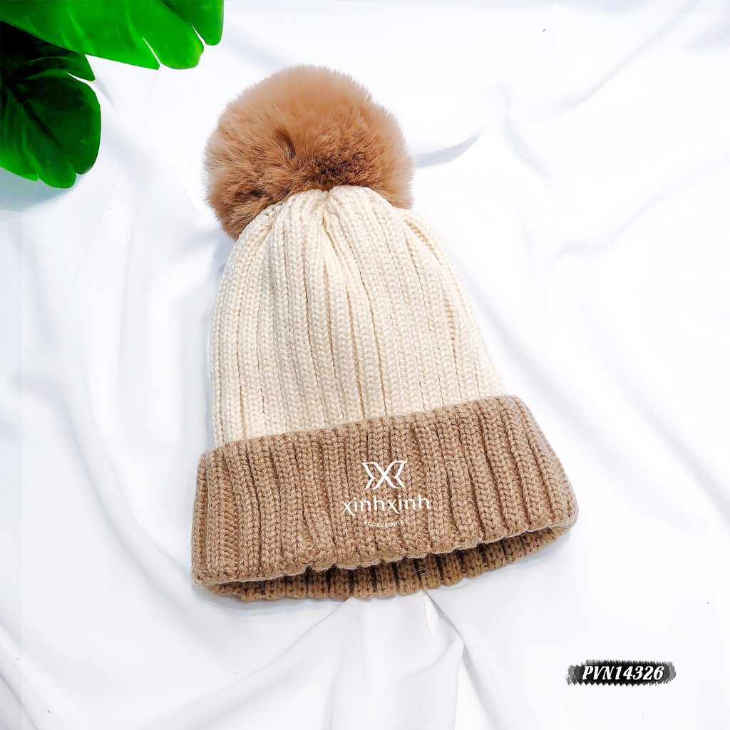 Mũ len đính quả bông phối hai màu cao cấp cho bạn gái - Xinh Xinh Accessories