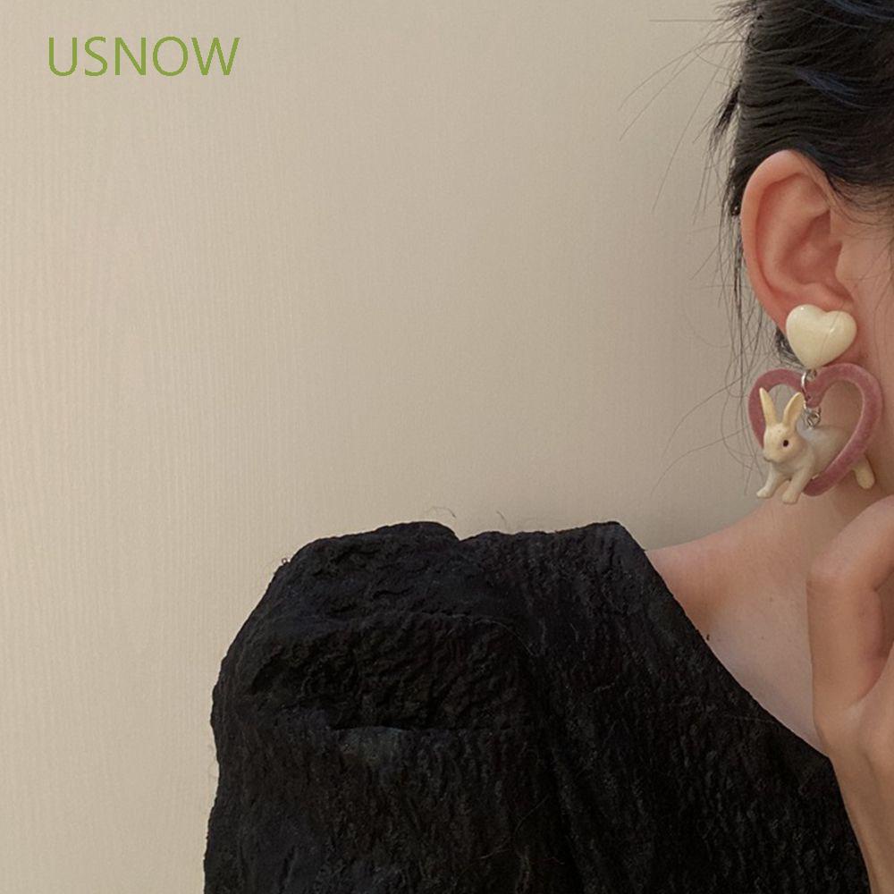 Khuyên tai ba chiều bằng nhựa resin hình thỏ trắng trái tim thời trang Harajuku Hàn Quốc cho nữ