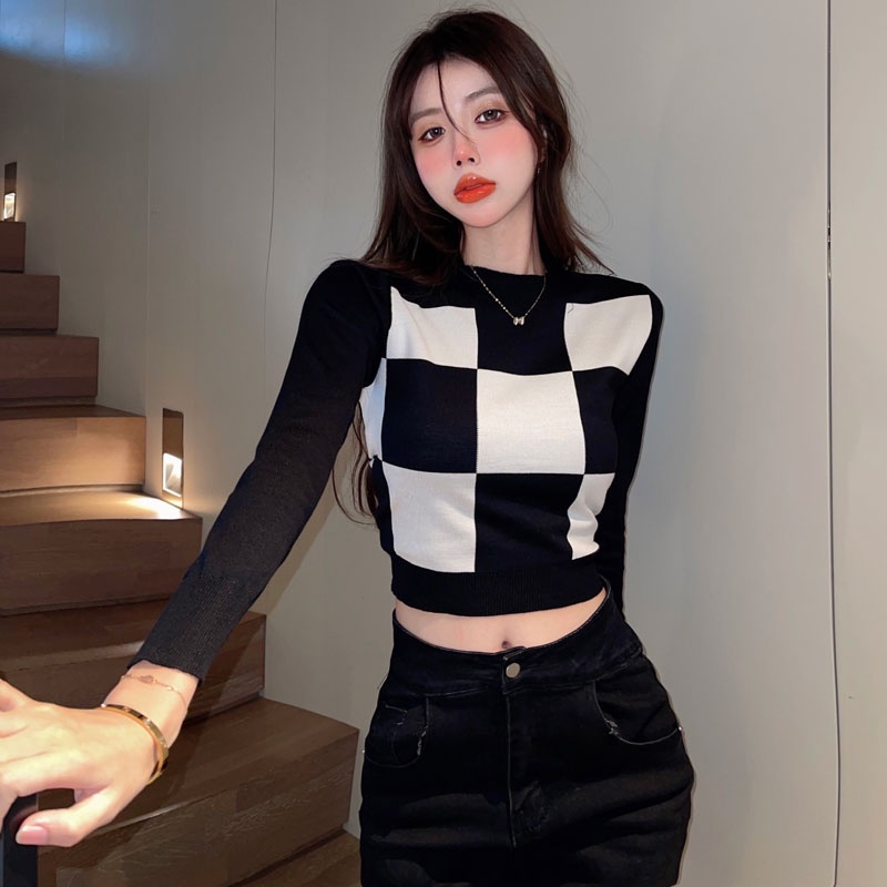 QADCOL Áo len tay dài họa tiết caro thời trang cho nữ