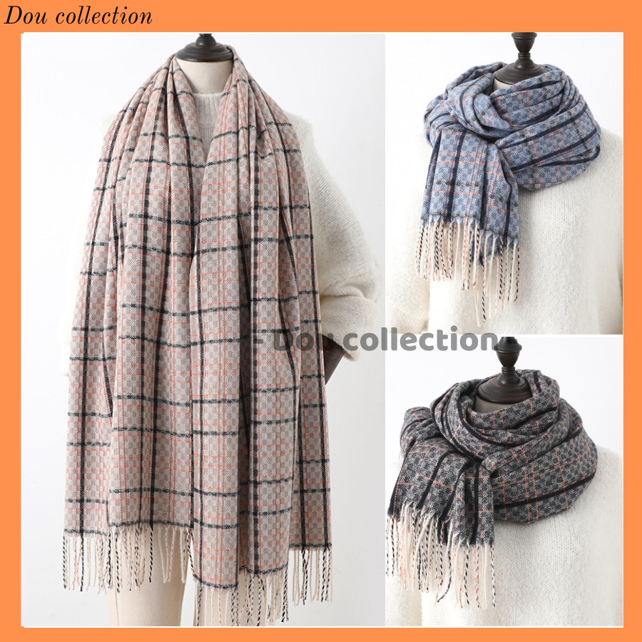 [Nowship2h] Khăn Choàng Cổ Len (Khăn Cashmere Dày) Cao Cấp Giữ Ấm Mùa Đông Họa Tiết Kẻ - 65x200cm - PJN.ARC - Mã LN008