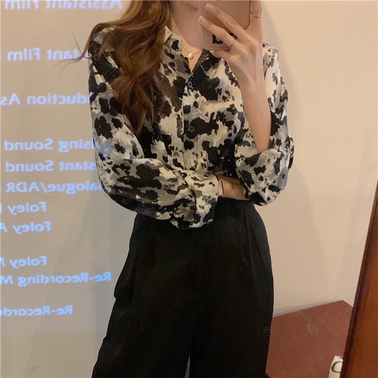 SUXI Áo sơ mi chiffon tay dài dáng rộng phong cách retro thời trang cho nữ