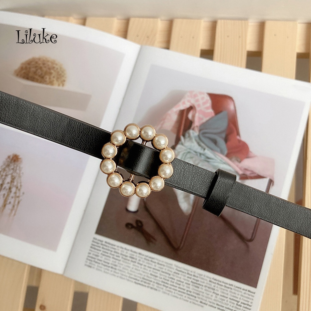 Thắt Lưng Dây Mảnh Giả Da Trang Trí Khóa Tròn Đính Ngọc Trai Xinh Xắn