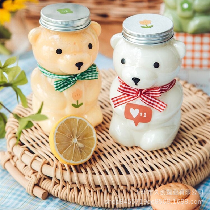 PVN33738 Bình chai nhựa PET hình gấu Teddy đựng trà sữa, nước ép hoa quả 420ml có nắp đậy bằng nhôm .