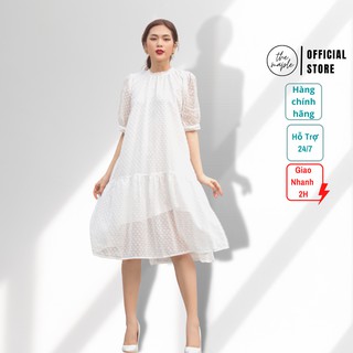 Đầm Maxi cổ ôm tròn tay phồng The Maple Trắng Freesize