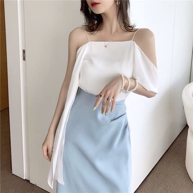 Sét áo dây+ chân váy xanh nhún eo phong cách tiệc tùng mùa hè tưoi mới