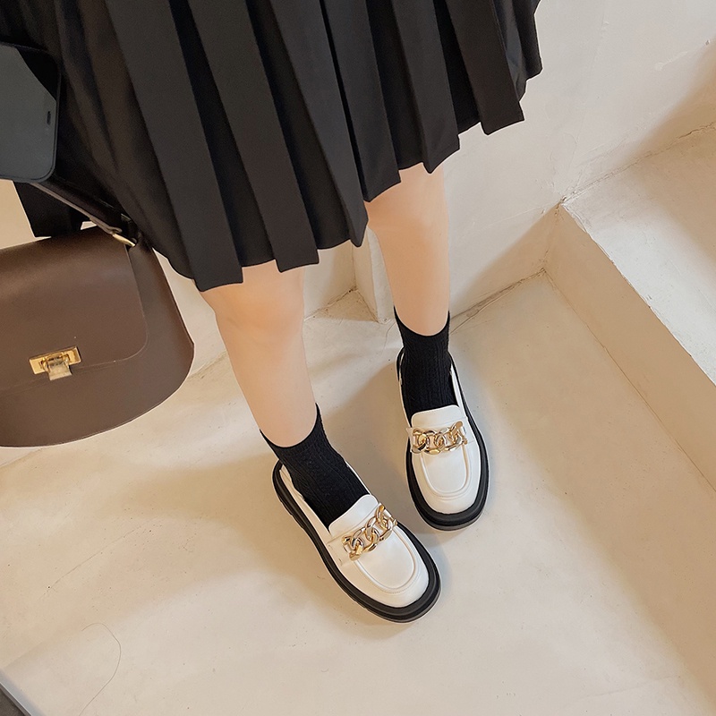 ❤Giày Lười Da Mũi Vuông Đế Dày Phối Dây Xích Kim Loại Kiểu Retro Nhật Hàn Dễ Phối Đồ Cho Học Sinh