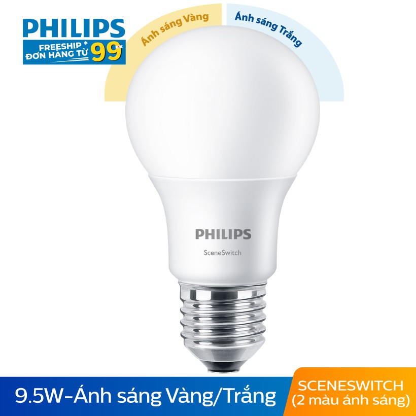 Bóng đèn Philips LED Scene Switch đổi màu ánh sáng 9.5W 3000K/6500K E27 (Trắng / Vàng) | BigBuy360 - bigbuy360.vn