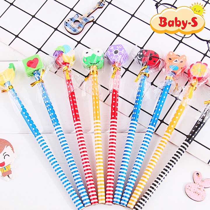 Bút chì gỗ, bút chì HB kèm tẩy hoạt hình nhiều màu sắc bắt mắt gói quà sẵn cực kỳ tiện lợi Baby-S – SH054