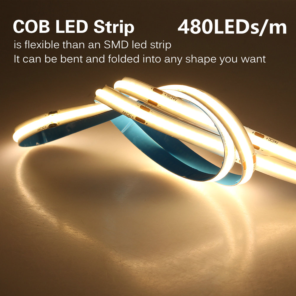 Đèn LED mới COB Linh hoạt Dải ánh sáng linh hoạt Độ sáng cao RGB Đèn neon Dc12V 24V 1M / 2M / 3M / 5M Phòng khách Dải đèn trang trí 480LEDs 3528