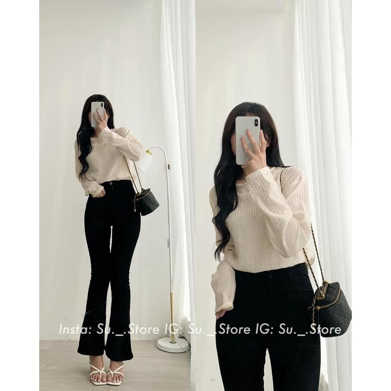 Áo tơ sọc dài tay thu đông AUDREY dạng rộng cổ tròn vải tơ mỏng cao cấp - Ngọc uyên Store