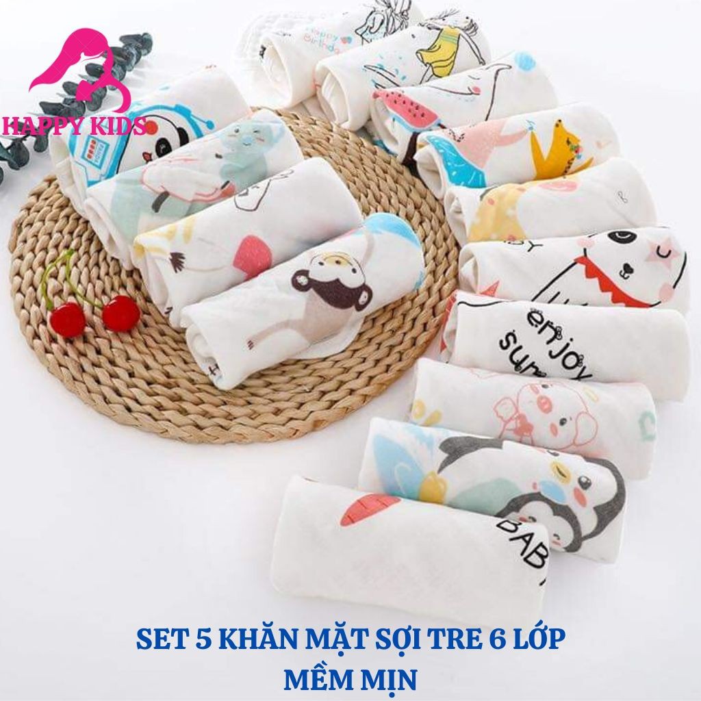 Set 5 khăn mặt xô 6 lớp sợi tre cho bé KT 30x30cm